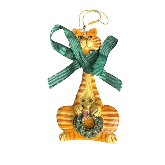 Striped Cat Christmas Ornament With Green Ribbon & Wreath - Picture 1 of 12